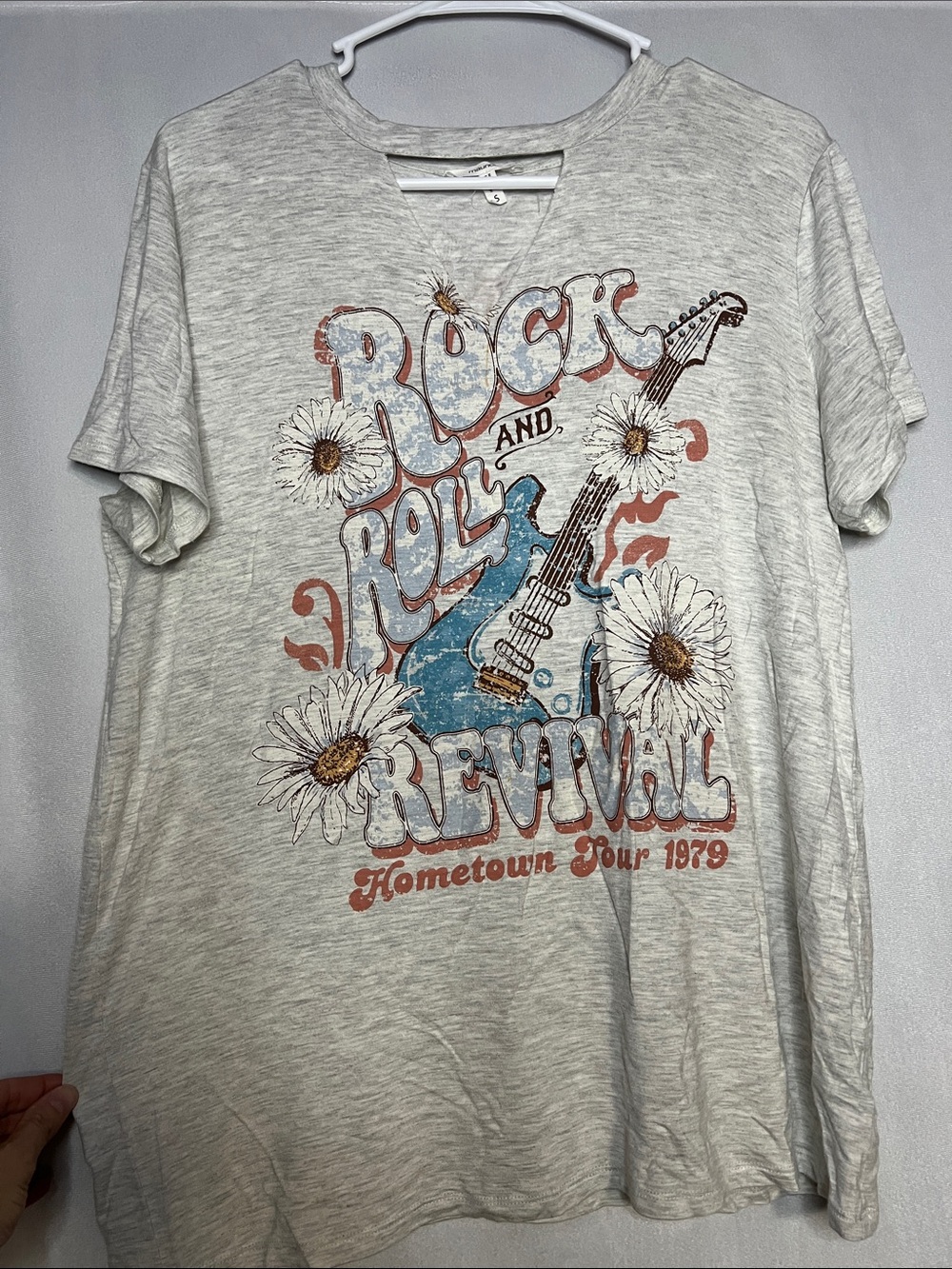 Maurices Oversized Small Rock and Roll Revival Graphic Tee - Light Gray PTP 22”